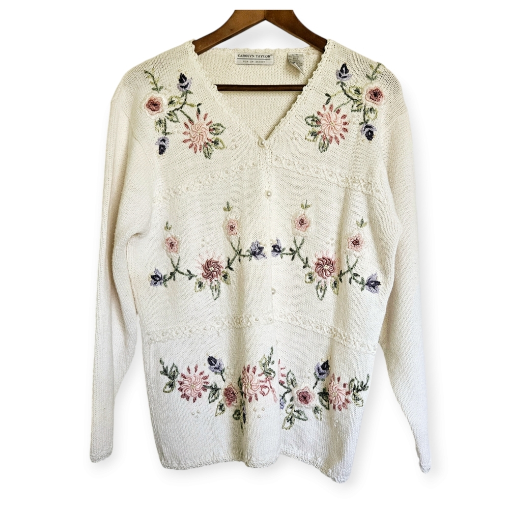 Vintage Carolyn Taylor Embroidered Cottagecore Cardigan Sweater Size Medium